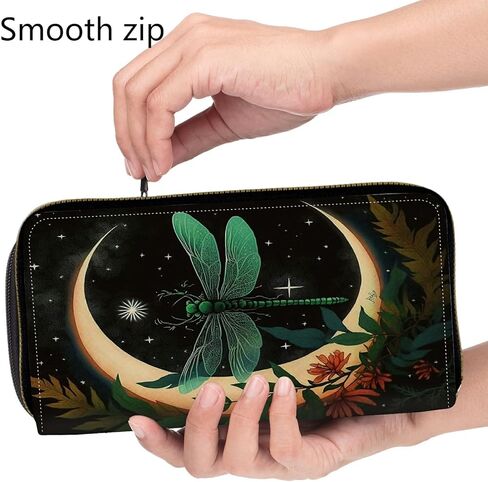 Wristlet Wallets for Women, Ladies Wallet Clutch Purse with Removable Wrist Strap Zip Around Large Capacity Card Holder Cash Pocket Cellphone Purse Travel Wristlet Bag, Dragonfly Moon in Saudi Arabia
