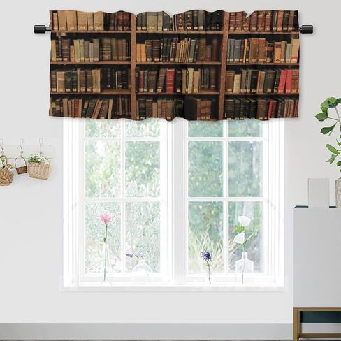 Vintage Bookshelf Valance Curtains for Windows, Retro Bookshelf Library Bookcase Printed Window Treatments for Kitchen Bathroom Bedroom Livingroom 54 x 18 inch, 1 Panel in Saudi Arabia