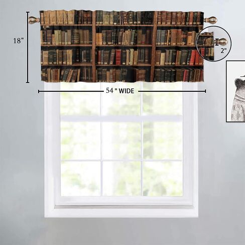Vintage Bookshelf Valance Curtains for Windows, Retro Bookshelf Library Bookcase Printed Window Treatments for Kitchen Bathroom Bedroom Livingroom 54 x 18 inch, 1 Panel in Saudi Arabia