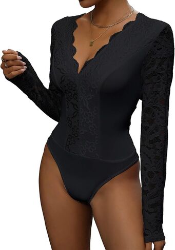 Everbellus Sexy Floral Lace Bodysuit Top for Women Long Sleeve Blouse Tops Deep v Neck Bodysuits Shirts in Saudi Arabia