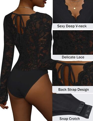 Everbellus Sexy Floral Lace Bodysuit Top for Women Long Sleeve Blouse Tops Deep v Neck Bodysuits Shirts in Saudi Arabia