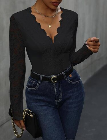 Everbellus Sexy Floral Lace Bodysuit Top for Women Long Sleeve Blouse Tops Deep v Neck Bodysuits Shirts in Saudi Arabia
