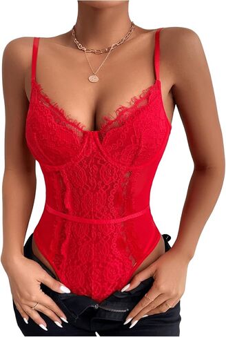 SHENHE Women's Floral Lace Spaghetti Strap Sheer Mesh Sleeveless Cami Bodysuit Tops in Saudi Arabia