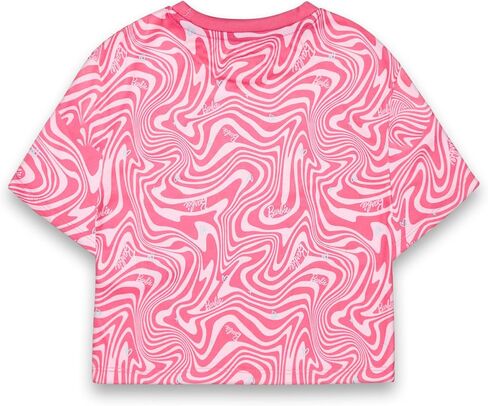 Barbie Girls Pajama Set | Childrens Wavy All Over Print Pink Short Sleeve Long Leg Graphic PJs Bundle with Scrunchie in Saudi Arabia