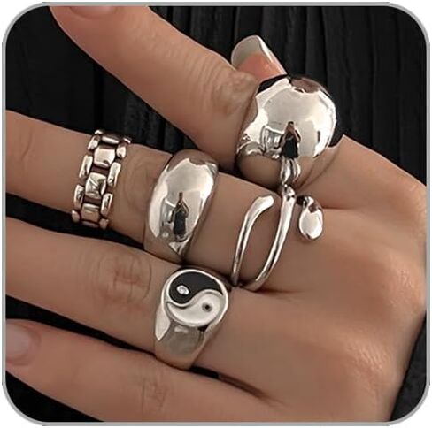 Gold Chunky Rings Set for Women Open Stacking Knuckle Ring Gold/Silver Adjustable Round Dome Rings Set Minimalist Irregular Statement Women Rings Jewelry in Saudi Arabia