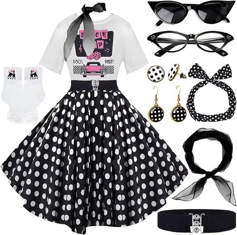 10Pcs Sock Hop Outfits Women, 1950s Poodle Skirts, T-Shirt with 50s Accessories Socks Scarf Headband Belt Earring in Kuwait