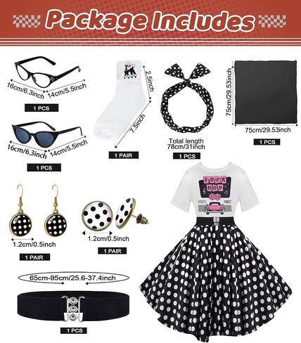 10Pcs Sock Hop Outfits Women, 1950s Poodle Skirts, T-Shirt with 50s Accessories Socks Scarf Headband Belt Earring in Kuwait