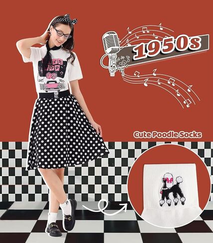 10Pcs Sock Hop Outfits Women, 1950s Poodle Skirts, T-Shirt with 50s Accessories Socks Scarf Headband Belt Earring in Kuwait