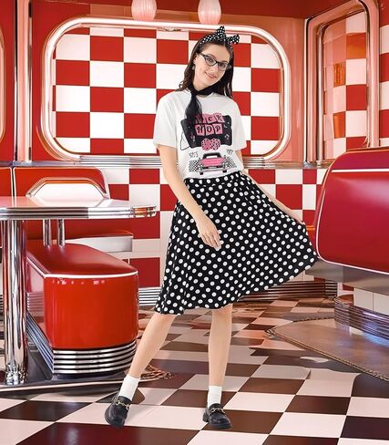 10Pcs Sock Hop Outfits Women, 1950s Poodle Skirts, T-Shirt with 50s Accessories Socks Scarf Headband Belt Earring in Kuwait