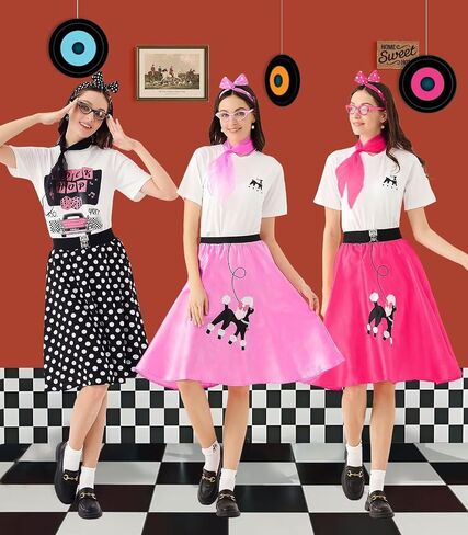 10Pcs Sock Hop Outfits Women, 1950s Poodle Skirts, T-Shirt with 50s Accessories Socks Scarf Headband Belt Earring in Kuwait