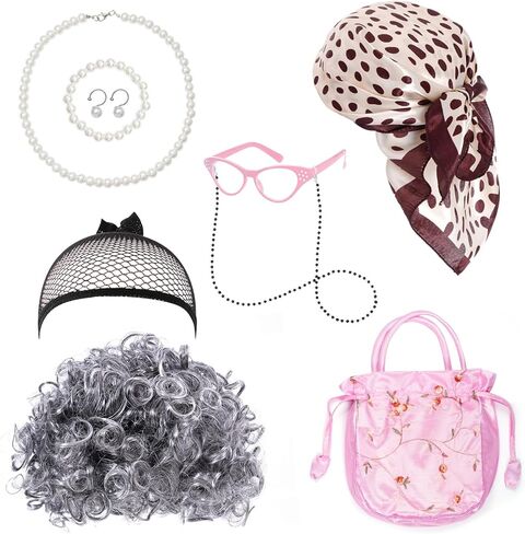 مجموعة أزياء السيدة العجوز مكونة من 9 قطع، نظارات شعر مستعار وإكسسوارات مجوهرات اللؤلؤ وحقيبة يد وأغطية شعر مستعار لحفلات الهالوين التنكرية in Kuwait