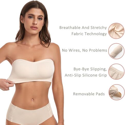 Strapless Bra for Women-Convertible Comfort Bandeau Bra with Non-Slip Silicone,Seamless Wirefree Padded Bralette in Saudi Arabia