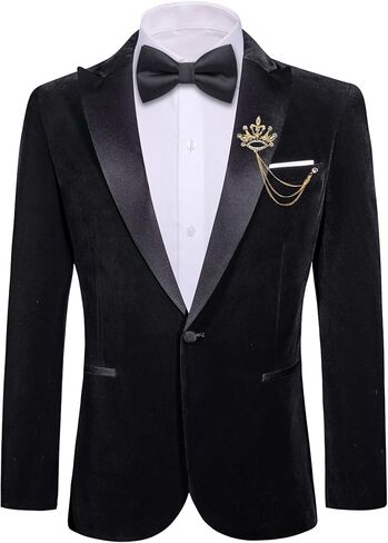Barry.Wang Velvet Mens Blazer Peaked Lapel Sport Coat Brooch Slim Fit Tuxedo One Button Suit Jacket Wedding Dinner in Kuwait