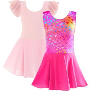 TENVDA Bundles of Ballet Leotards for Girls 2t 3t Solid and Hotpink Hearts Print Dance Ballerina Dress Outfit