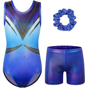 BAOHULU Gymnastics Leotards for Girls with Tumbling Shorts Set Sparkly Open Back with Straps Kids Active Dance Outfit
