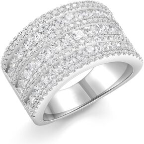 Wide Wedding Bands for Women 18K White Gold Plated 3 Row Round Princess Cut AAAAA Cubic Zirconia Eternity Stackable Fashion Cocktail Rings for women Size 5-10