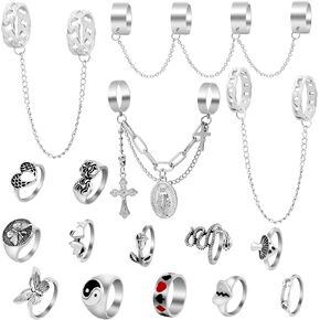 Gothic Punk Chain Finger Rings Set, 16PCS Adjustable Stackable Vintage Silver Rings for Women Men,Happy Cross Butterfly Knuckle Rings (Silver-2)