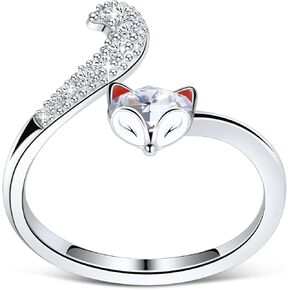PLATO H Crystal Fox Head Ring for Women in Sterling Silver - Unique Animal Tail Bands with Jewelry Box, Gifts for Wedding Anniversaries, Valentine's Day, Birthday, Christmas, Adjustable Open Stacking