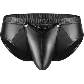 Men's Shiny Soft Leather Shorts, Sexy Button Open Crotch, Tongs Bulge Pouch, Comfort Stretch Waistband