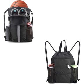BeeGreen Drawstring Backpack Bag with Shoe Compartment X-Large Black Gym Sports Black Drawstring Backpack Bag Large 18" L x 15" W Gym Sports