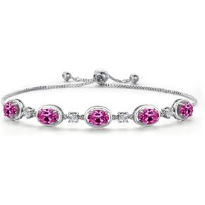 Gem Stone King 925 Sterling Silver Pink Created Sapphire Bracelet For Women | 4.50 Cttw | Gemstone September Birthstone | Oval 7X5MM | Fully Adjustable 9 Inch