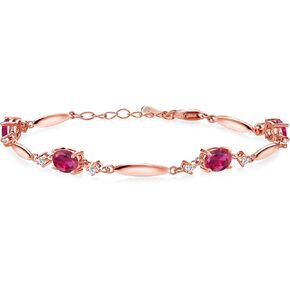 Gem Stone King 18K Rose Gold Plated Silver Red Created Ruby and White Moissanite Tennis Bracelet For Women | 3.70 Cttw | Gemstone July Birthstone | Oval 7X5MM | 6 Inch + 1 Inch Extender