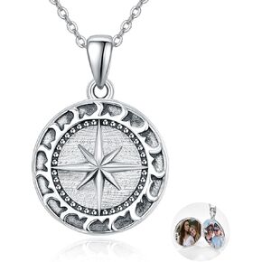 KINGWHYTE Compass Locket Necklace That Holds Pictures Sterling Silver Compass Pendant Graduation Friendship Travel Talisman Necklace Inspirational Jewelry Gifts for Women