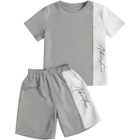 GORGLITTER Boy's 2 Piece Outfits Letter Print Graphic Tee Drawstring Waist Running Shorts Clothing Sets