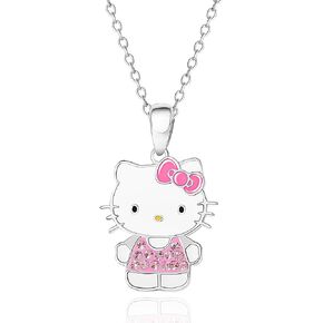 Hello Kitty Sanrio Womens Necklace Official License - Silver Plated Necklace with Enamel and Crystal Pendant