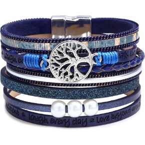 Tree of Life Wrap Bracelet for Women, Multi-Layer Braided Leather Pearl Crystal Beads Boho Cuff Bangle Stackable Bohemian Anniversary Mother's Day Birthday Christmas Jewelry Gifts for Her