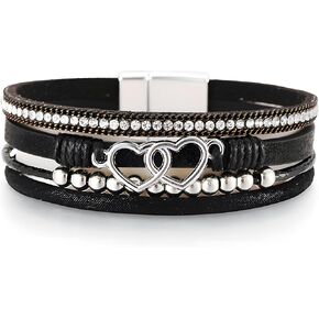 Heart Wrap Leather Bracelets for Women, Multi-Layer Boho Cuff Bangle with Pearl Crystal Beads Chain Stackable Bangles Anniversary Mother's Day Birthday Christmas Jewelry Gifts for Her