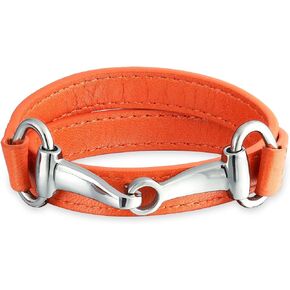Bling Jewelry Fashion Red White Orange Black Brown Genuine Leather Equestrian Snaffle Horse Bit Layer Stacking Style Double Wrap Bracelet for Women Teen Silver Gold Tone Stainless Steel