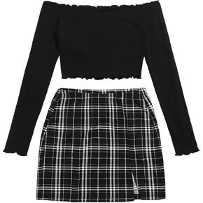 Floerns Women's Two Piece Outfit Off Shoulder T Shirts Plaid Print Skirt Set