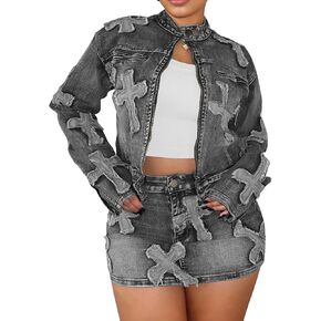 Denim Skirt Sets Women 2 Piece Outfits Long Sleeve Zip Up Cropped Jacket Bodycon Mini Jean Skirt Set