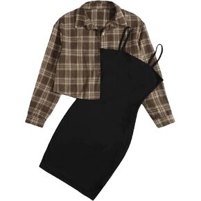 Floerns Women's 2 Piece Outfit Cami Dress with Plaid Print Jacket Outerwear in Kuwait