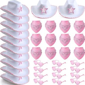 36 Pcs Adult Cowboy Hat with Bandanna Heart Sunglasses Unisex Felt Cowboy Hat Western Party Hat Cowboy Costume (Pink White)