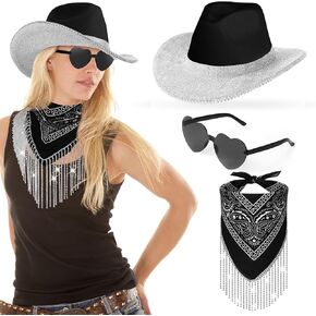 Rhinestone Cowboy Hat Glitter Cowgirl Hat with Glasses Headscarf for Men Women Adult Bling Cowboy Costume Cosplay