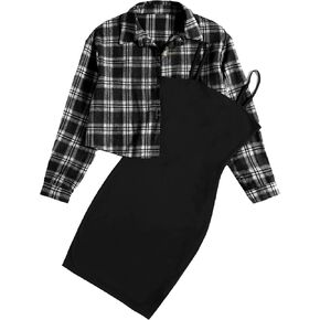 Floerns Women's 2 Piece Outfit Cami Dress with Plaid Print Jacket Outerwear