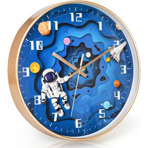 Space Wall Clock, 12 Inch Silent Non-Ticking Wall Clock, Battery Operated Space Travel Astronaut Decor Clock for Office, Classroom, Bedroom, Living Room, Kitchen