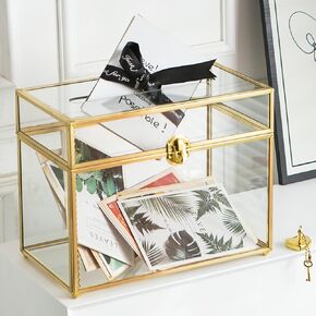 Glass Card Box with Slot, 10.2 inch Large Gold Clear Card Box for Wedding Receptions, Decorative Storage Box with Lock for Baby Shower, Birthday Party, Bridal Shower