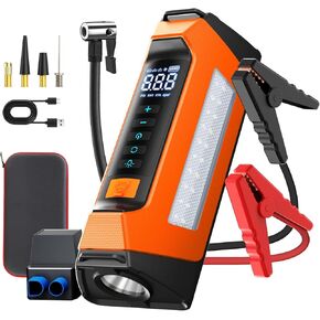 Car Jump Starter with Air Compressor 6000A, 400 Lumen LED Light and 180PSI Portable Battery Jump Box (9L Gas or 8L Diesel),12V Auto Tire Inflator Jumper Starter Combo with LCD Display (Orange)