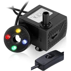 Mini Fountain Pump with LED Lights, Ultra Quiet Submersible Water Pump with Switch for Aquarium, Small Fish Tank, Pet Water Fountain, Tabletop Fountains, Water Gardens and Hydroponic Systems