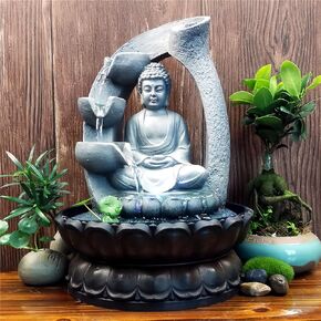 Desk Top Waterfall Fountain Buddha Statue Fountain Decor Indoor Tabletop Buddha Water Fountain with Led Lights Lotus Base for Home Office Bedroom