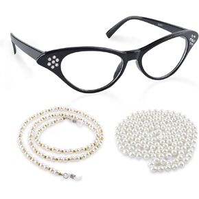 Kyerivs Old Lady Costume Accessories for Kids Women 100th Day of School Granny Dress Up with Cat Eye Glasses Rhinestone Sunglass Chain Beaded Faux Pearl Necklace for Girls Boys Adults