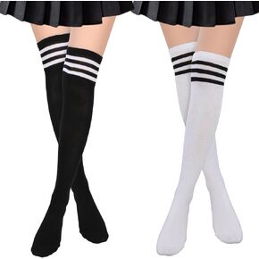 Sibba 2 Pairs Extra Long High Thigh Socks Striped Over Knee Thin Tights Long Stocking Leg Warmers Black White Women Hosiery Soft Skin-friendly Sock for Clothes Dress Y2K Daily Use