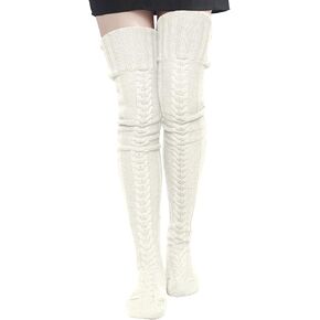 Women’s Knit Thigh High Socks Cable Knitted Thigh High Socks Winter Extra Long Stockings Over Knee Leg Warmers