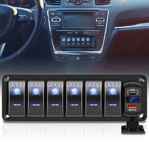 6 Gang 5 Pin Marine Boat Rocker Switch Panel with DC 12-24V LED Voltmeter PD Type C and QC 3.0 USB Fast Charging IP68 Waterproof Toggle Switch Panel for Boat Marine UTV Truck Car (Blue)