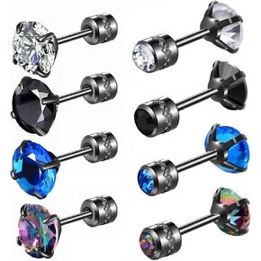 Hopply 4 Pairs Titanium Screw Back Surgical Stainless Steel Earrings for Women Men,Rainbow 5A Cubic Zirconia Studs Double Side Earrings Piercing Sleeper Jewelry 6mm