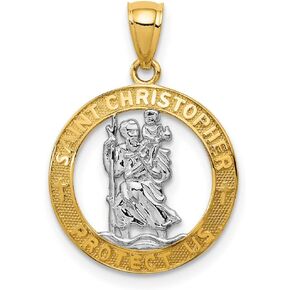 Saint Christopher Protect Us Words on Open Round Medal Pendant in Real 14k Gold