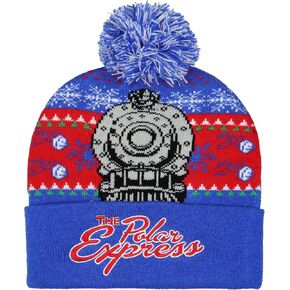 The Polar Express Beanie Men's Locomotive Fair Isle Design Embroidered Logo Fold Cuff Top Pom Beanie Hat